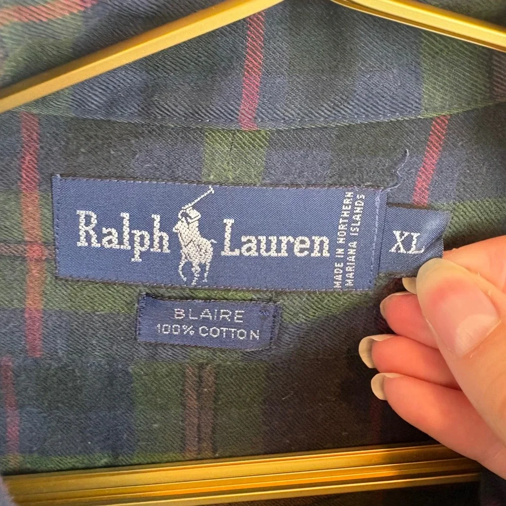 Vintage Ralph Lauren Blaire Flannel Shirt XL Tartan Green Navy Red Plaid Cotton